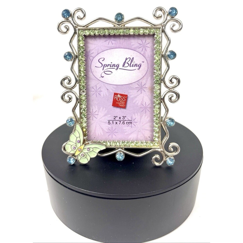 VTG Russ Spring Bling Jeweled Butterfly Frame 2x3” Silver Scroll Blue Gems NWOT